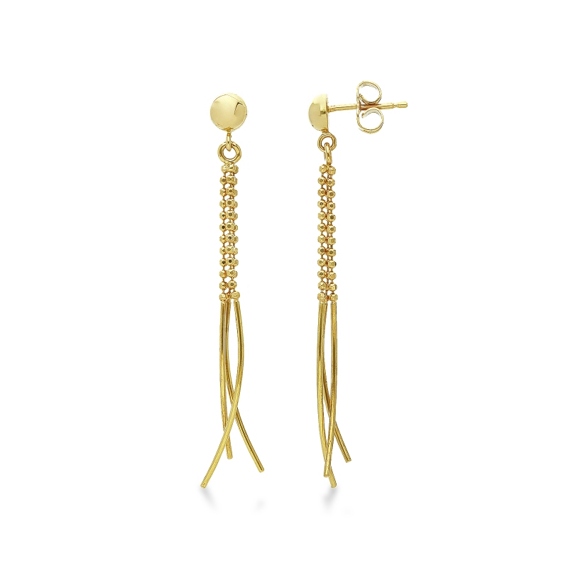 Orecchini pendenti con palline e barrette lucide in oro giallo 18k