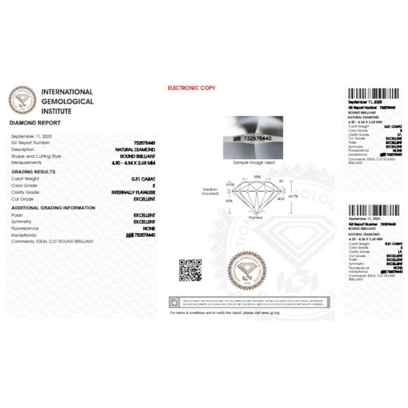 Diamante Certificato IGI   CT 0,31   E  I.F.