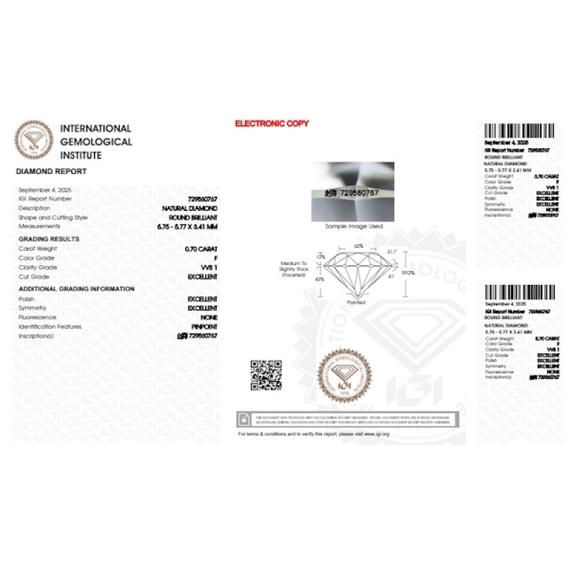 Diamante Certificato IGI   CT 0,70   F  VVS 1
