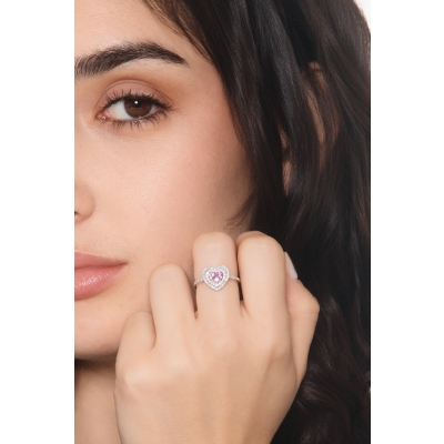Heart halo ring in white gold 18k with pink sapphire and diamonds