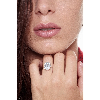 Halo ring with aquamarine emerald cut and diamonds white gold 18k 