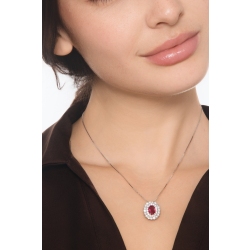 Double halo neacklace in white gold 18k with central ruby oval cut and diamonds  2