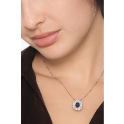 18k white gold double halo necklace with central blue sapphire and diamonds  2
