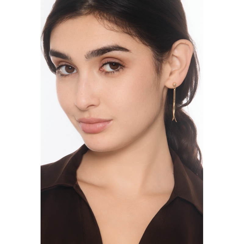 Orecchini pendenti con palline e barrette lucide in oro giallo 18k