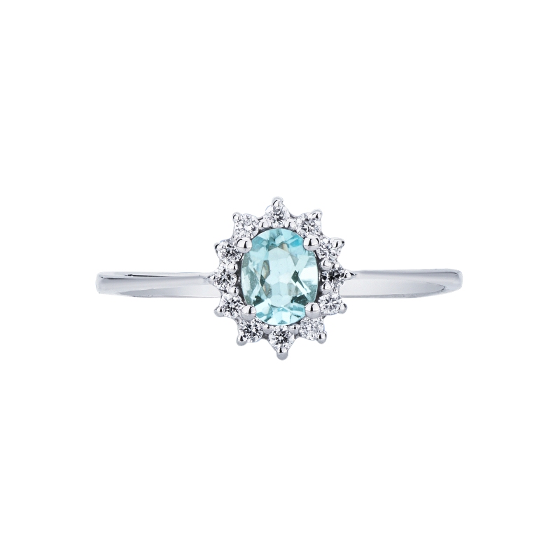 Anello acquamarina ovale in oro bianco con diamanti contorno