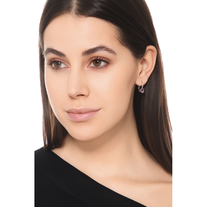 Orecchini monachella in oro bianco 18k con ametista e diamanti