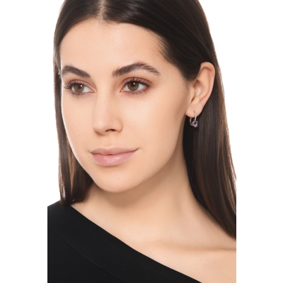 Orecchini monachella in oro bianco 18k con ametista e diamanti