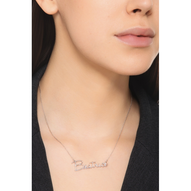 Collana personalizzabile oro bianco 18k in corsivo stilizzato, BEATRICE