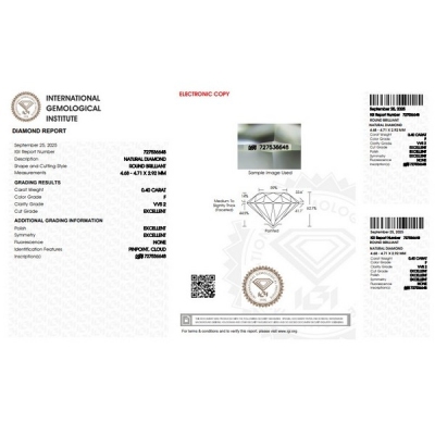 Diamante Certificato IGI   CT 0,40   F   VVS 2