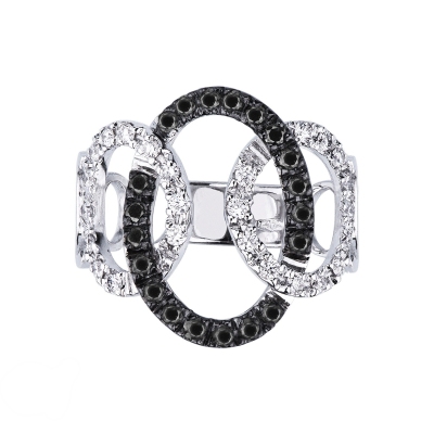Oval mesh groumette ring in white gold 18k with black and white diamonds 