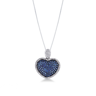 18k white gold necklace with heart pendant with diamond and burnished sapphire pavè