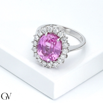 Halo ring white gold 18k with pink sapphire and diamonds