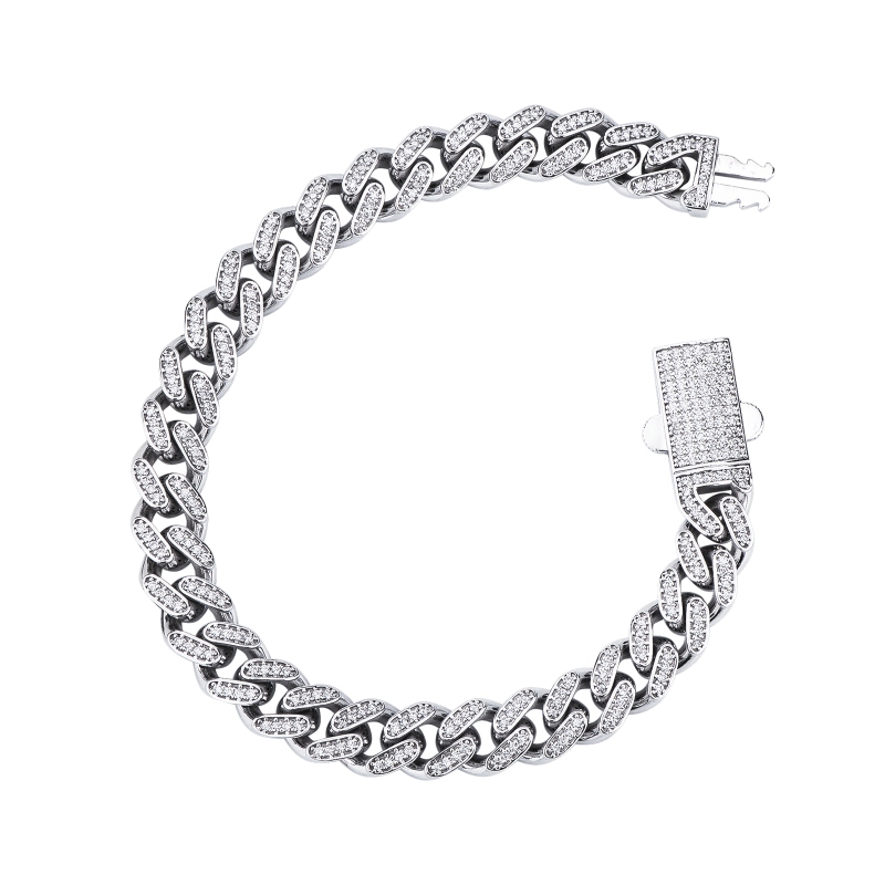 Bracciale cubanlink in oro bianco 750 con diamanti, 9 mm