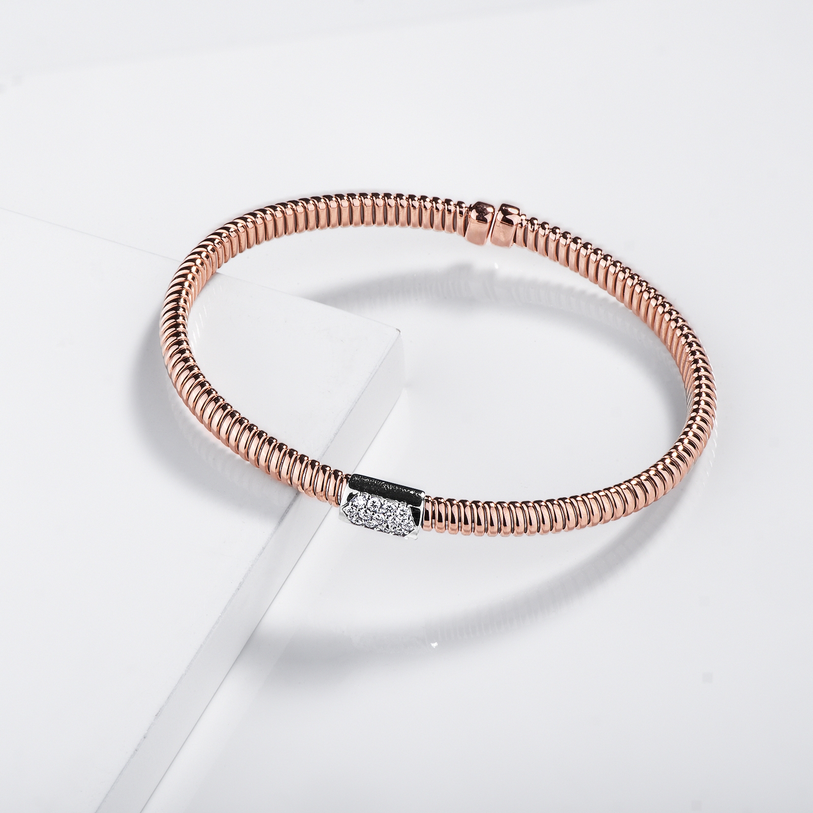 CARISSMA Bracciale Donna Oro Rosa 9ct A Tubo Diamantato - Maglia Flessibile 6 Mm - Gioiello Eleganza Italiana