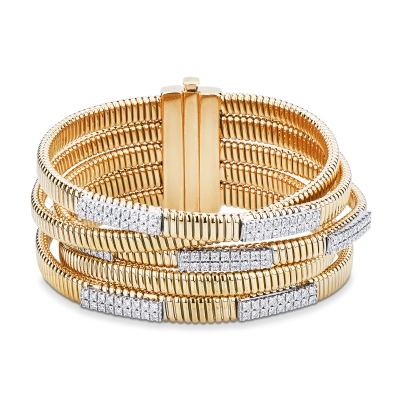 Bracciale tubogas 5 file in oro giallo e bianco 18k con diamanti