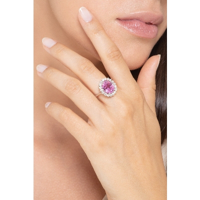 Halo ring white gold 18k with pink sapphire and diamonds