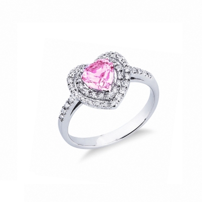 Heart halo ring in white gold 18k with pink sapphire and diamonds