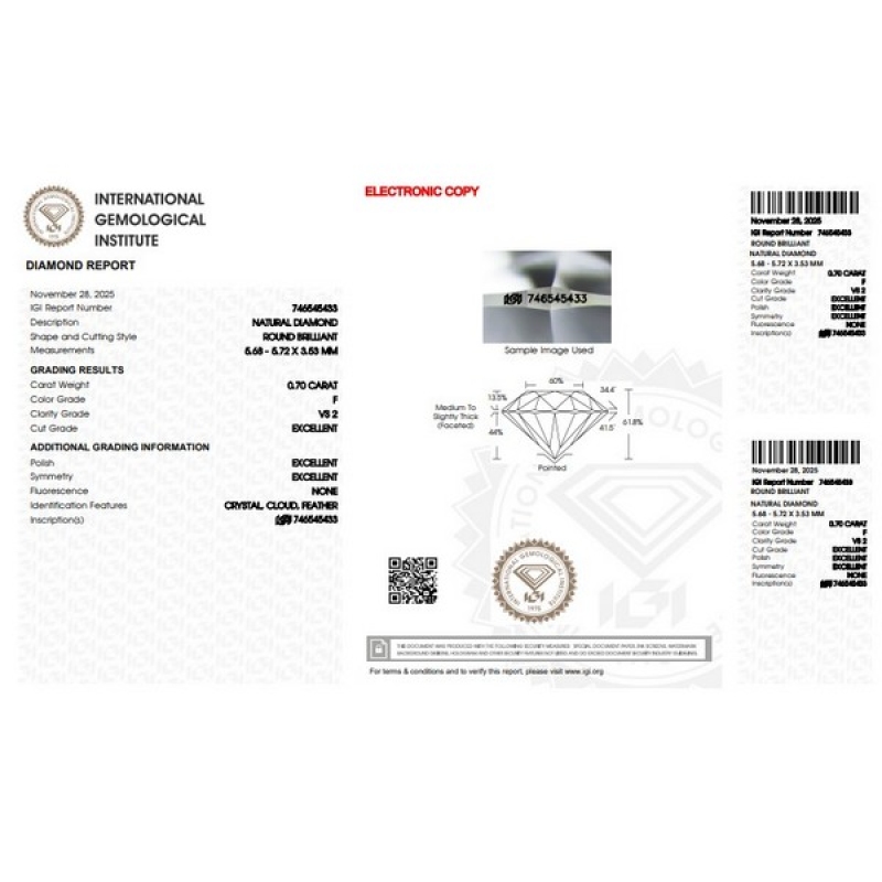 Diamante Certificato IGI   CT 0,70   F   VS 2