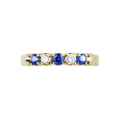 Yellow gold 18k 5 stones ring with blue sapphires and diamonds 