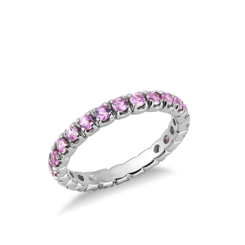 18k white gold eternity ring with pink sapphires 