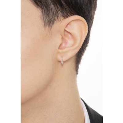 Mono orecchino a cerchio in oro bianco 18k con diamanti, ct. 0,04, uomo