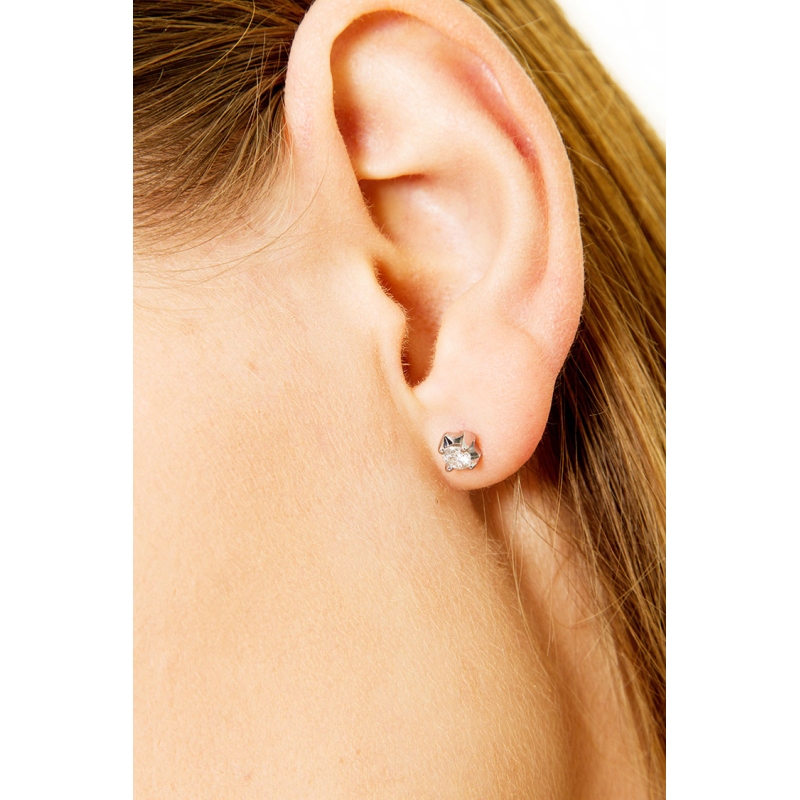 Mono orecchino in oro Bianco 18k a 4 griffe onda con diamante