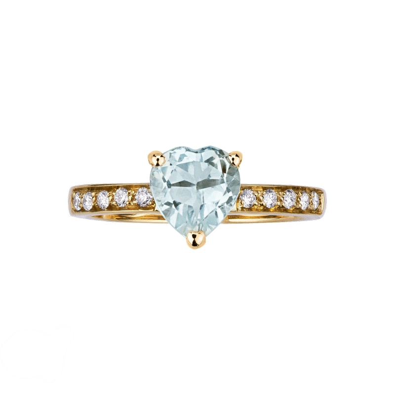 Yellow gold 18k ring with aquamarine heart cut and diamonds