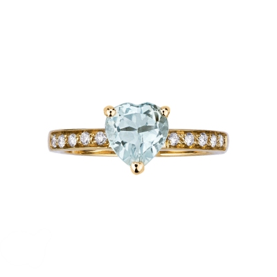 Yellow gold 18k ring with aquamarine heart cut and diamonds