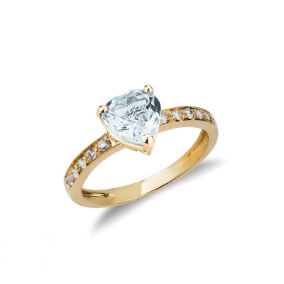 Yellow gold 18k ring with aquamarine heart cut and diamonds