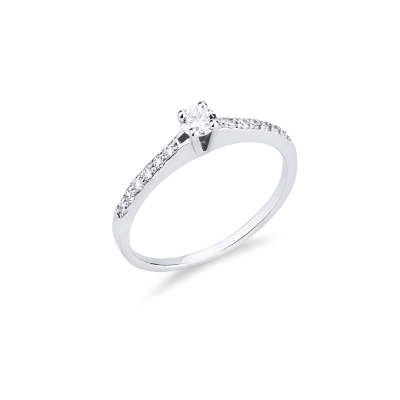Anello tipo solitario in oro bianco 18k con diamanti taglio brillante