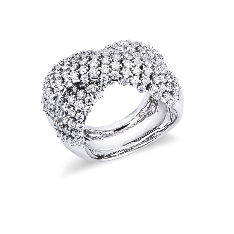 Anello a fascia incrocio in oro bianco 18k con diamanti