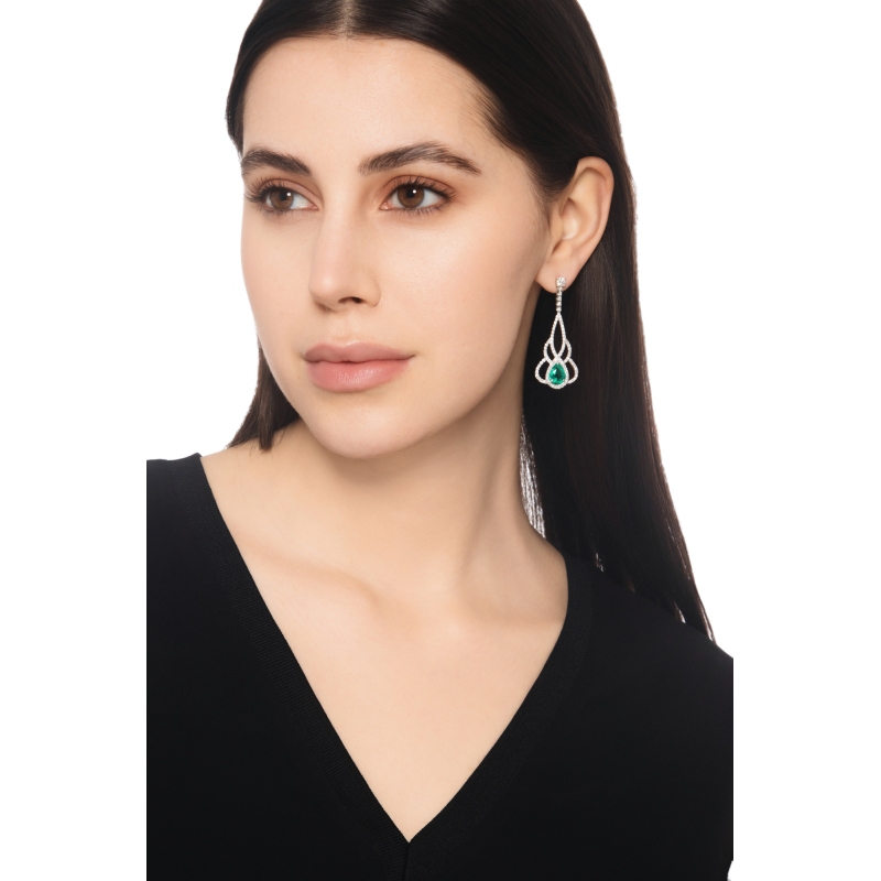 18k white gold drop earrings with diamonds and emeralds 