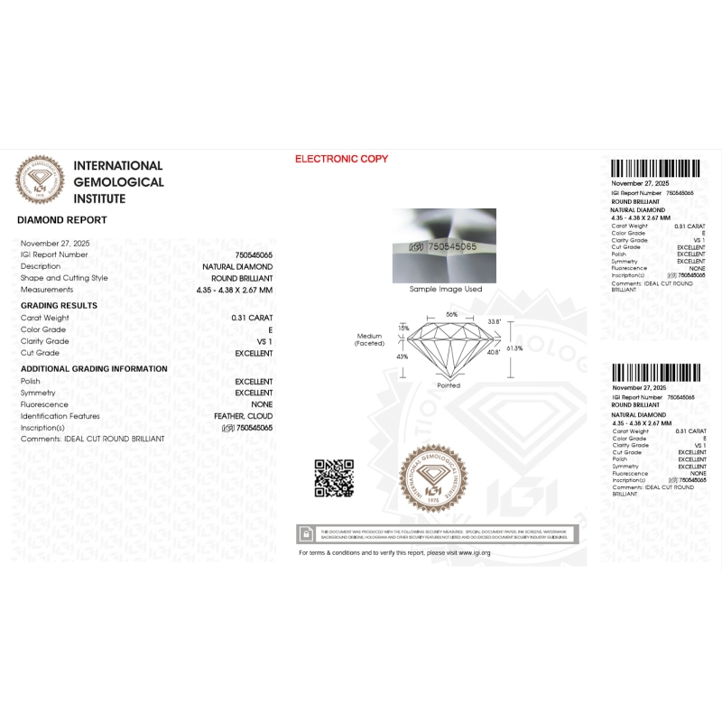 Diamante Certificato IGI   CT 0,31   E   VS 1