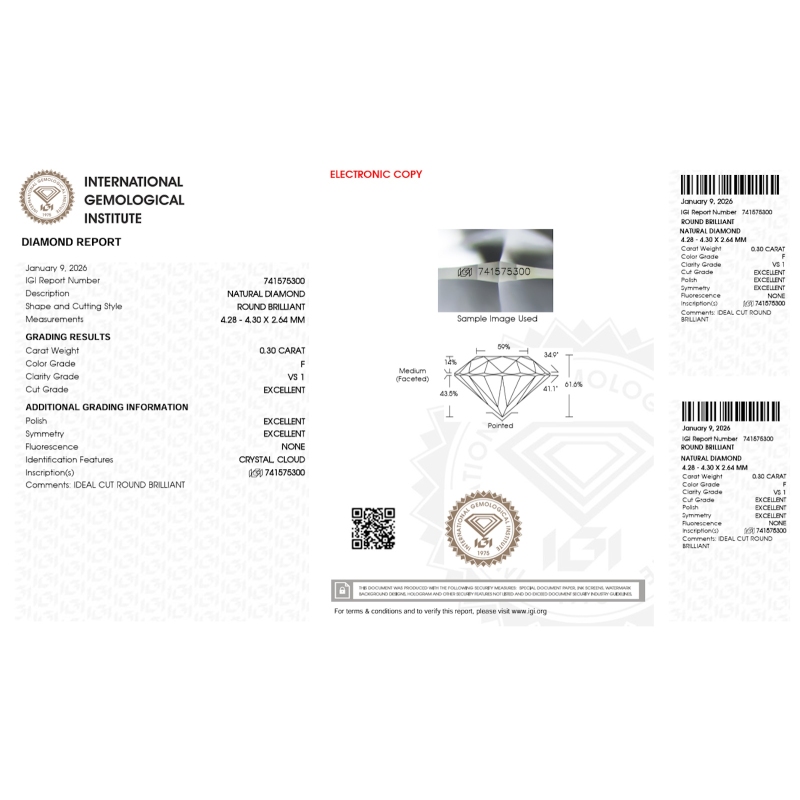 Diamante Certificato IGI   CT 0,30   F   VS 1