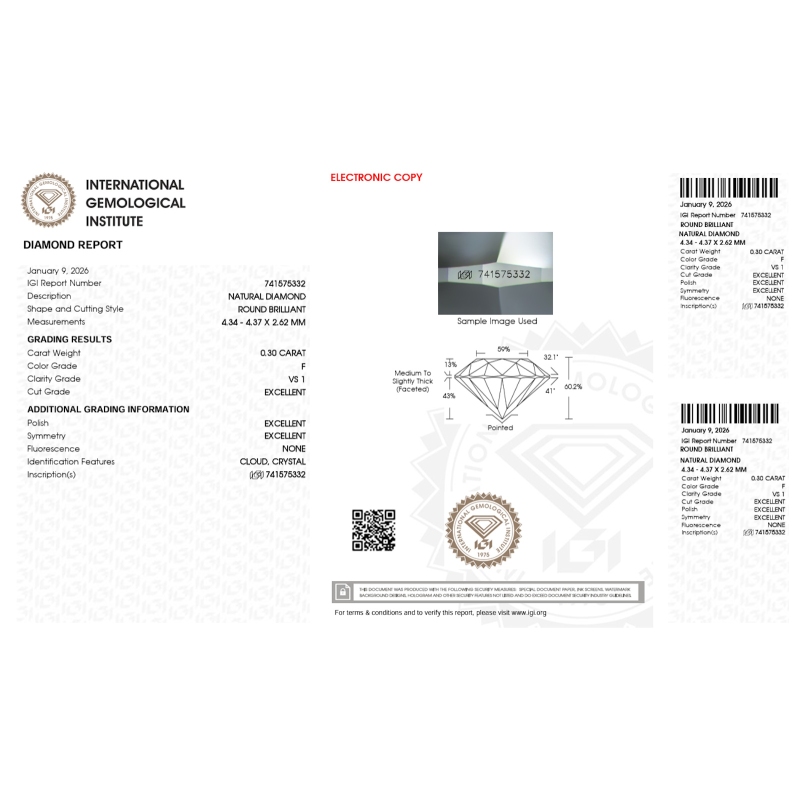 Diamante Certificato IGI   CT 0,30   F   VS 1