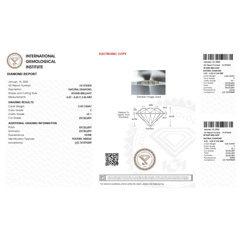Diamante Certificato IGI   CT 0,30   F   VS 1
