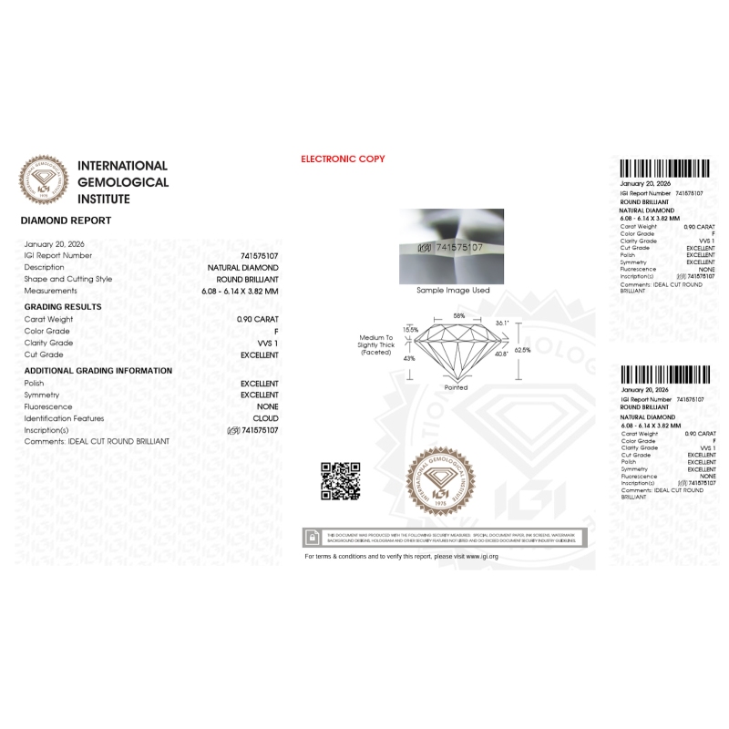 Diamante Certificato IGI   CT 0,90   F   VVS 1