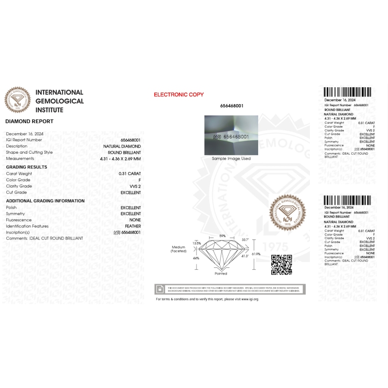 Diamante Certificato IGI   CT 0,31   F   VVS 2