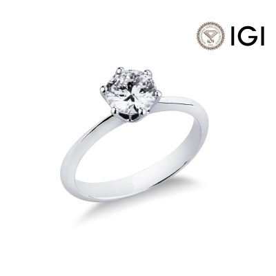 Anello solitario a 6 punte in oro bianco 18k con diamante, ct. 0,90