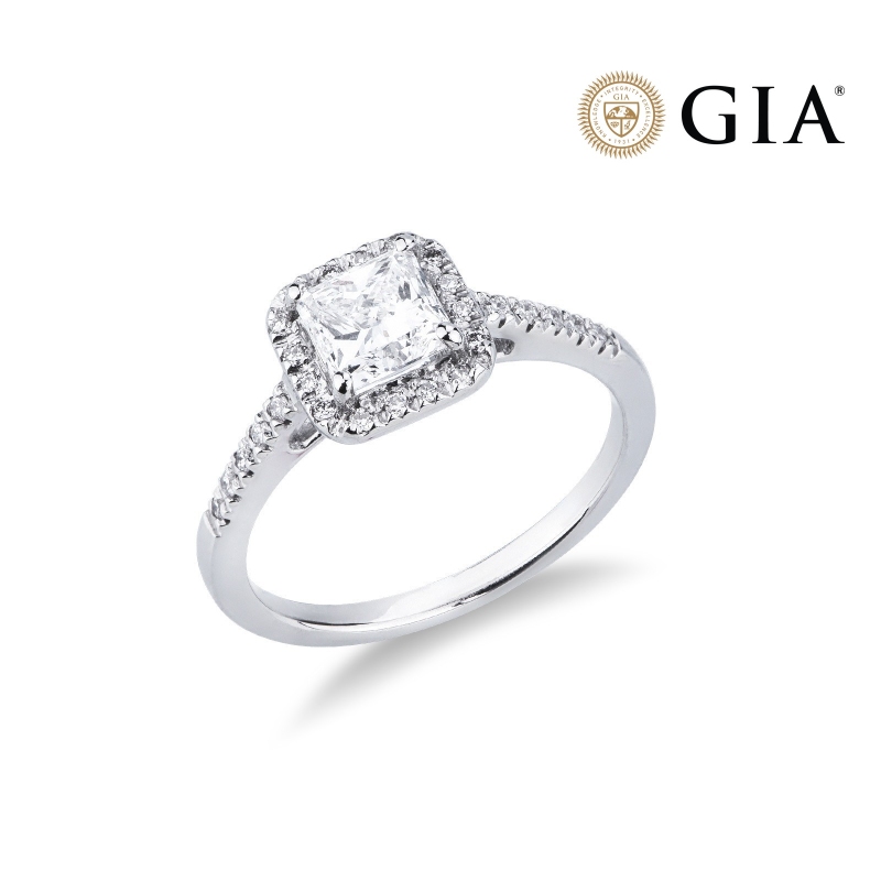 Anello con diamante taglio princess 1.00ct GIA in oro bianco 18k