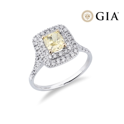Anello con diamante taglio cushion fancy yellow 1.16ct GIA in oro bianco 18k
