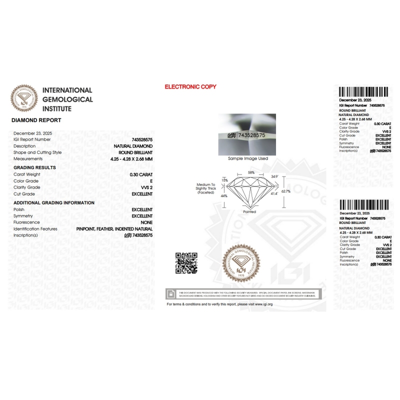 Diamante Certificato IGI   CT 0,30   E   VVS 2