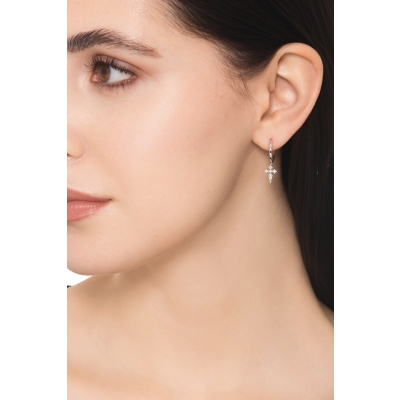 Orecchini in oro bianco 18k cerchio con pendente croce