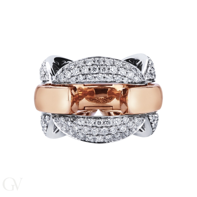 Anello a maglia morbida in oro bianco e rosa 18k e diamanti