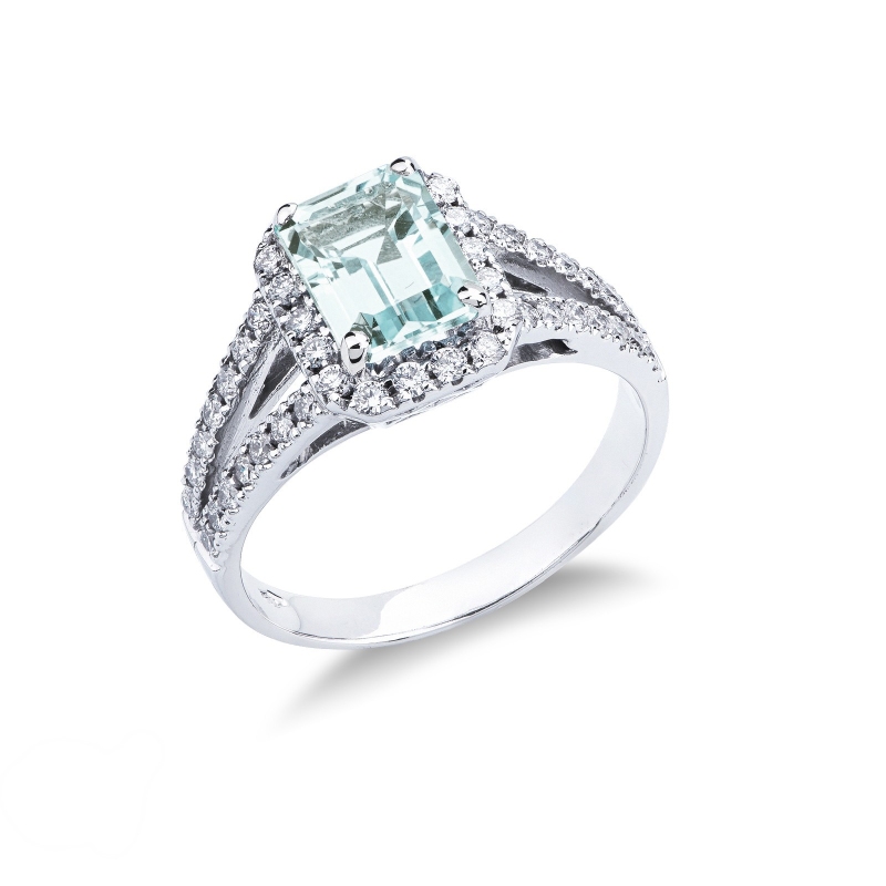 Anello oro bianco con acquamarina centrale e diamanti