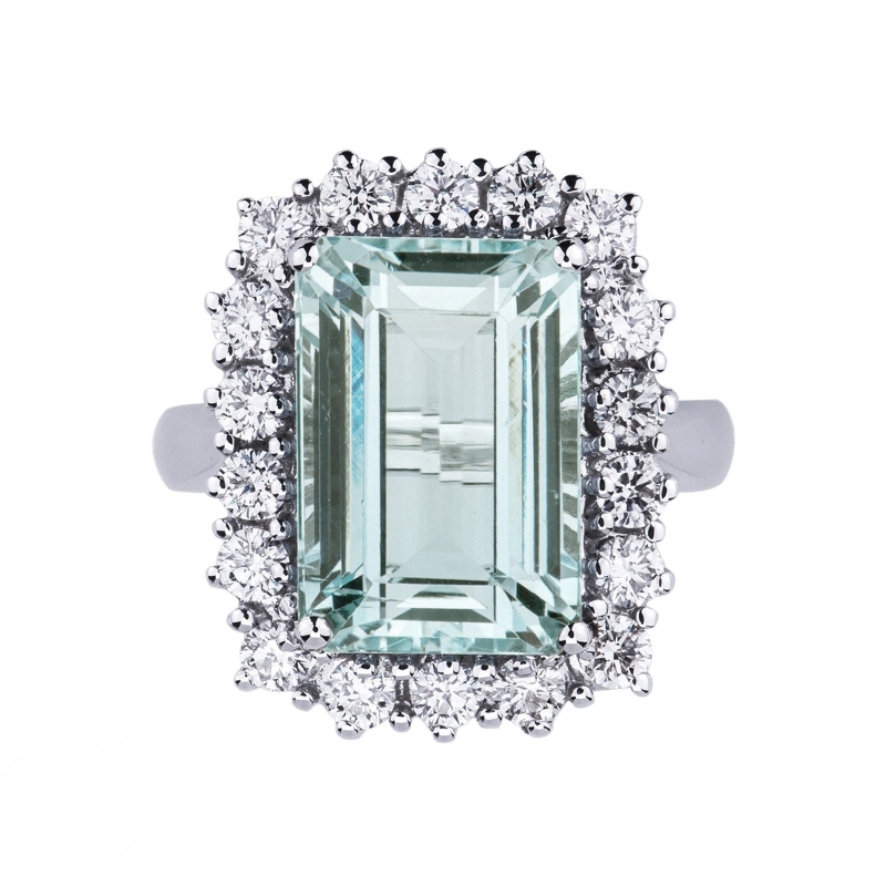 Halo ring white gold 18k with aquamarine emerald cut and diamonds 
