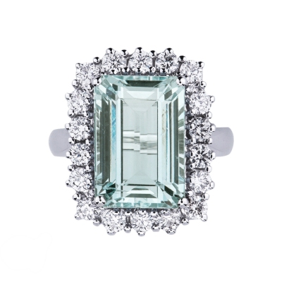 Halo ring white gold 18k with aquamarine emerald cut and diamonds 