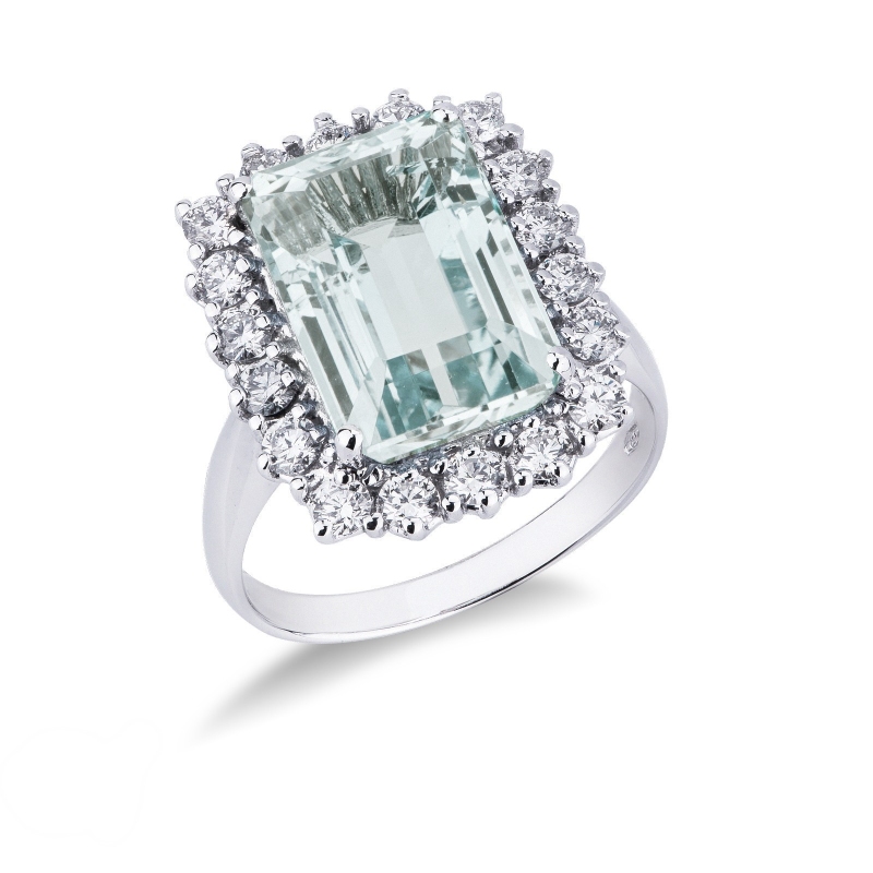 Halo ring white gold 18k with aquamarine emerald cut and diamonds 