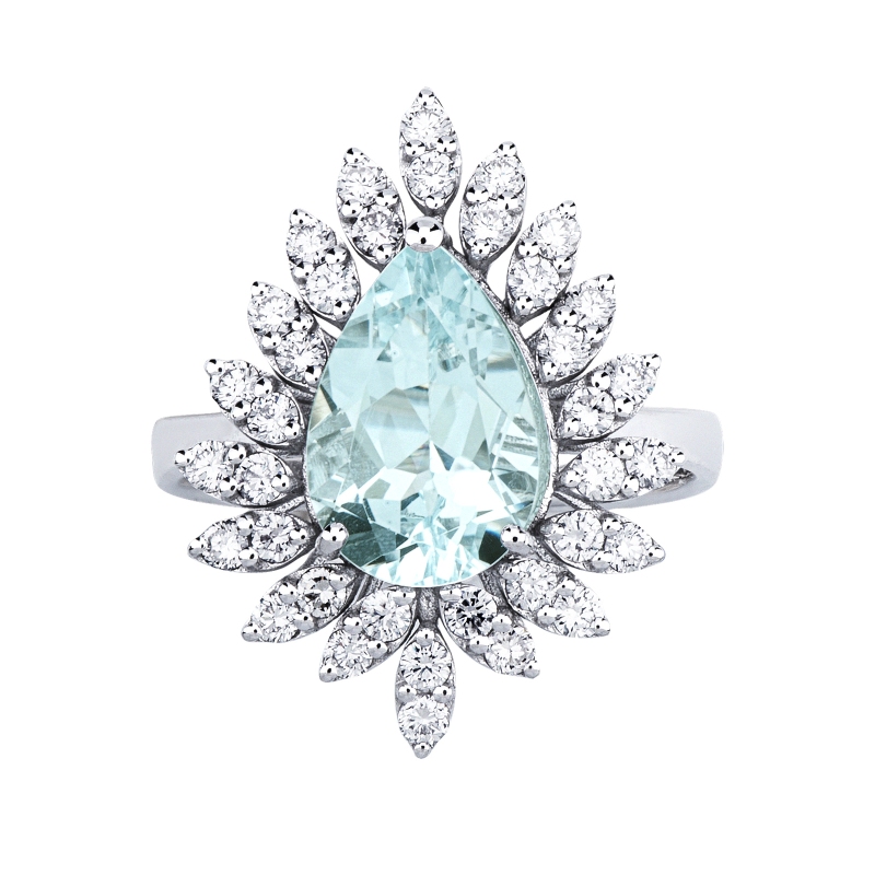 Anello in oro bianco 18k con acquamarina goccia e contorno in diamanti