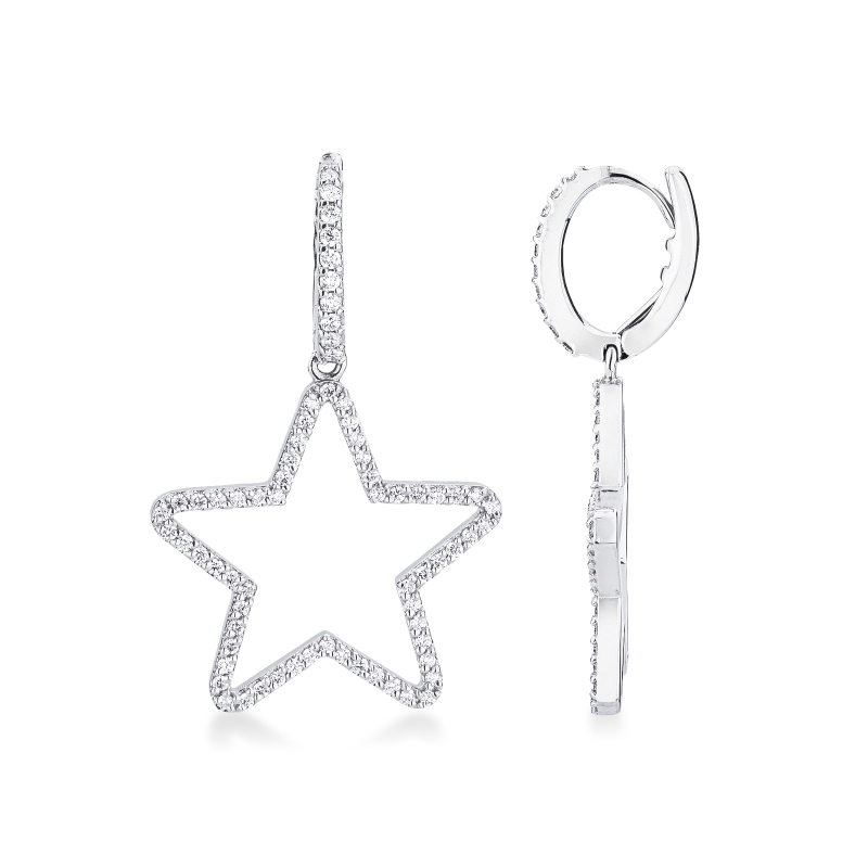 Orecchini pendenti a stella in oro bianco 18k con diamanti
